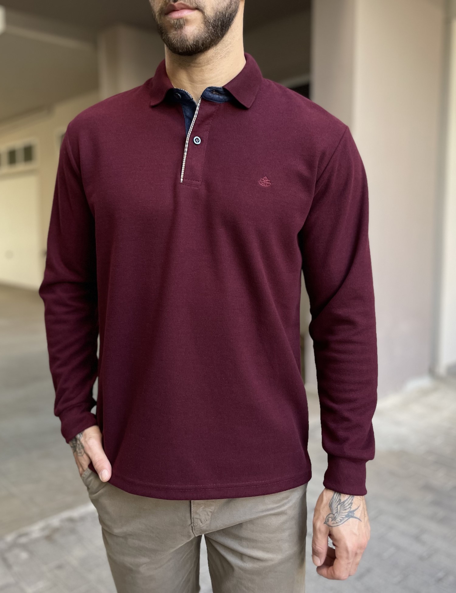 Everbest Ανδρική μπορντό Polo μακρυμάνικη μπλούζα Plus size 2610360B